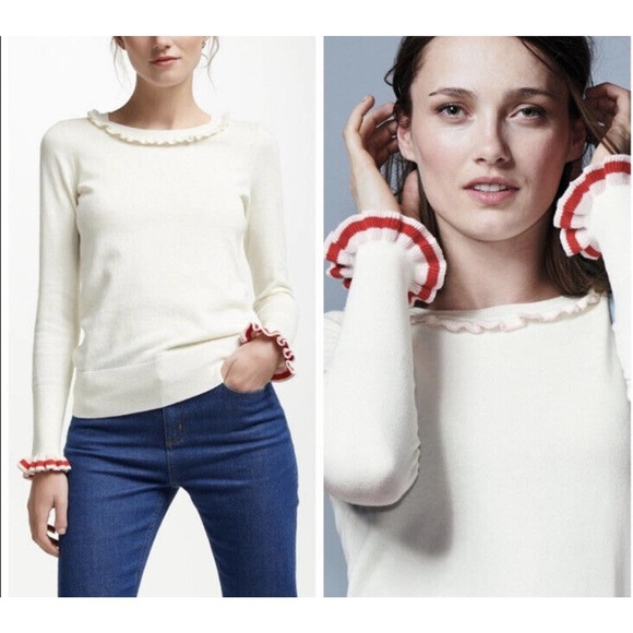 Boden Sweaters - COPY - Boden Bernadette $130 Ivory Ruffle Trim Wool Cotton Sweater Sz. UK 10- U…